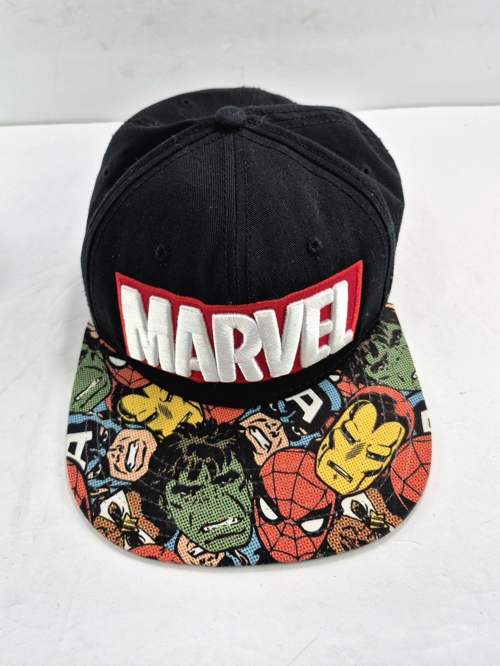 Marvel Comics Vintage Superhero Collage Snapback Hat Flat Brim Black Y2K OSMF
